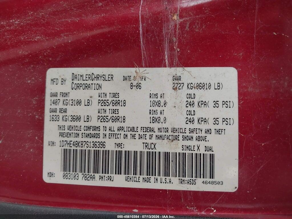 1D7HE48K87S136396 2007 DODGE DAKOTA photo no. 9