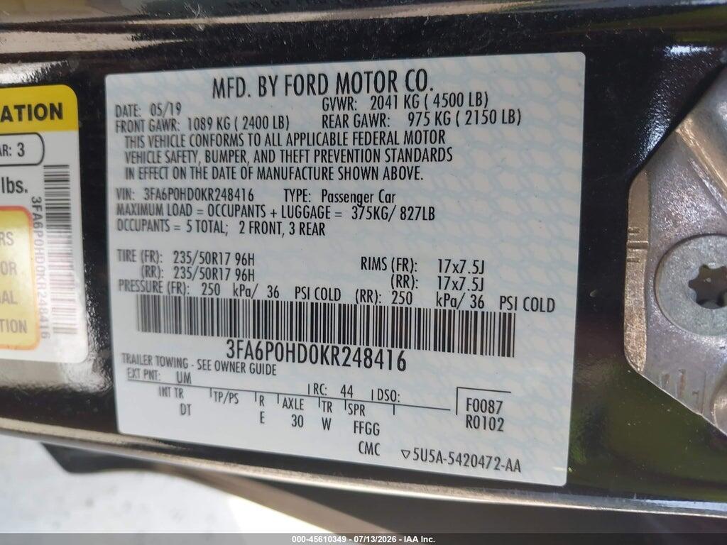 3FA6P0HD0KR248416 2019 FORD FUSION photo no. 9