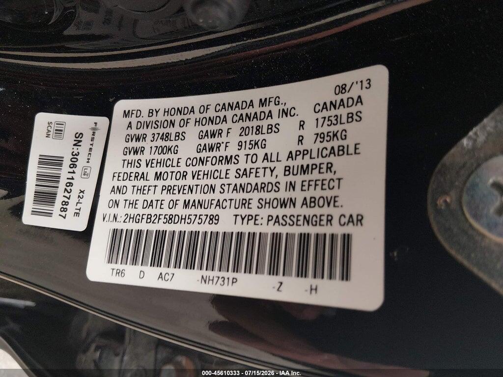 2HGFB2F58DH575789 2013 HONDA CIVIC photo no. 9
