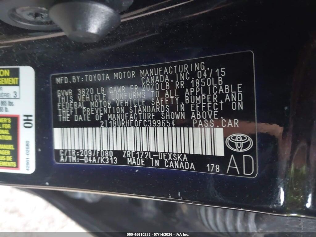 2T1BURHE0FC399654 2015 TOYOTA COROLLA photo no. 9