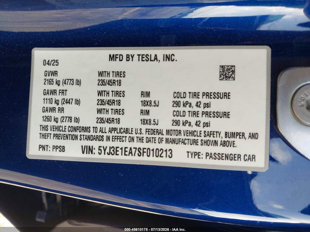 5YJ3E1EA7SF010213 2025 TESLA MODEL 3 photo no. 9