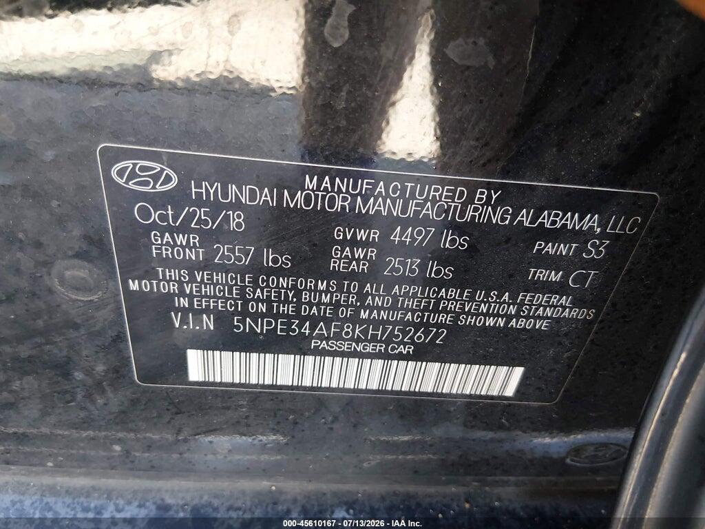 5NPE34AF8KH752672 2019 HYUNDAI SONATA photo no. 9