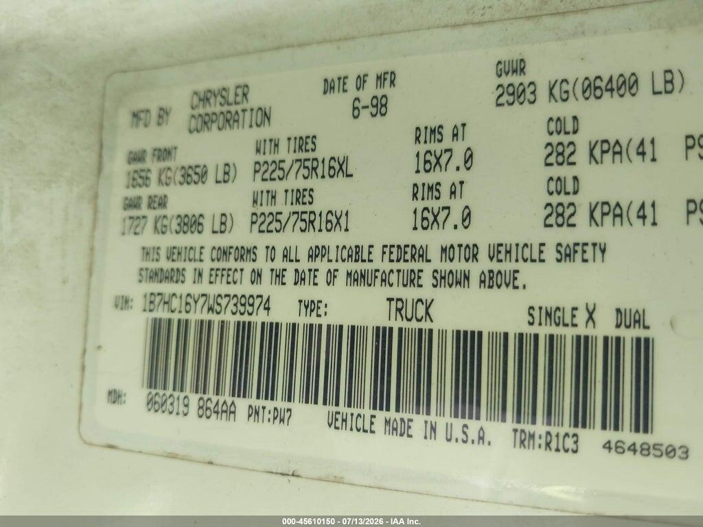 1B7HC16Y7WS739974 1998 DODGE RAM 1500 photo no. 9