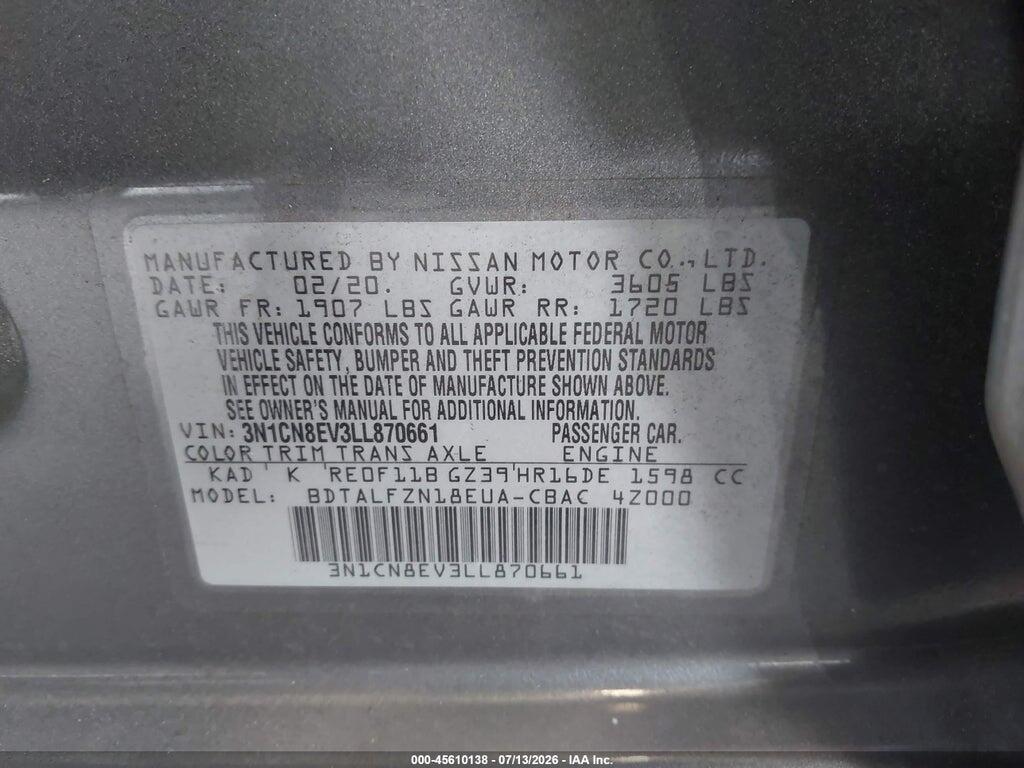 3N1CN8EV3LL870661 2020 NISSAN VERSA photo no. 9