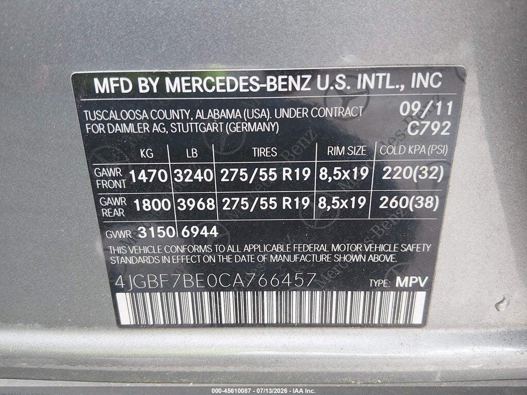4JGBF7BE0CA766457 2012 MERCEDES-BENZ GL 450 photo no. 9
