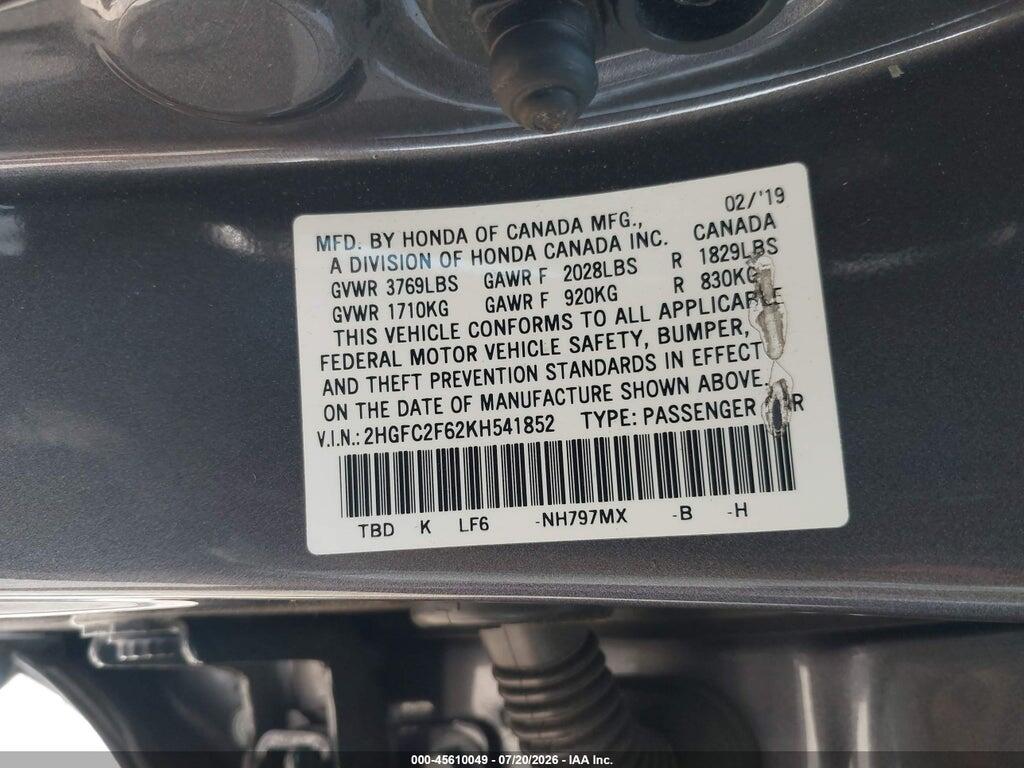 2HGFC2F62KH541852 2019 HONDA CIVIC photo no. 9