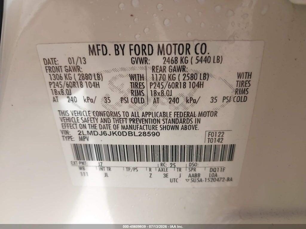 2LMDJ6JK0DBL28590 2013 LINCOLN MKX photo no. 9