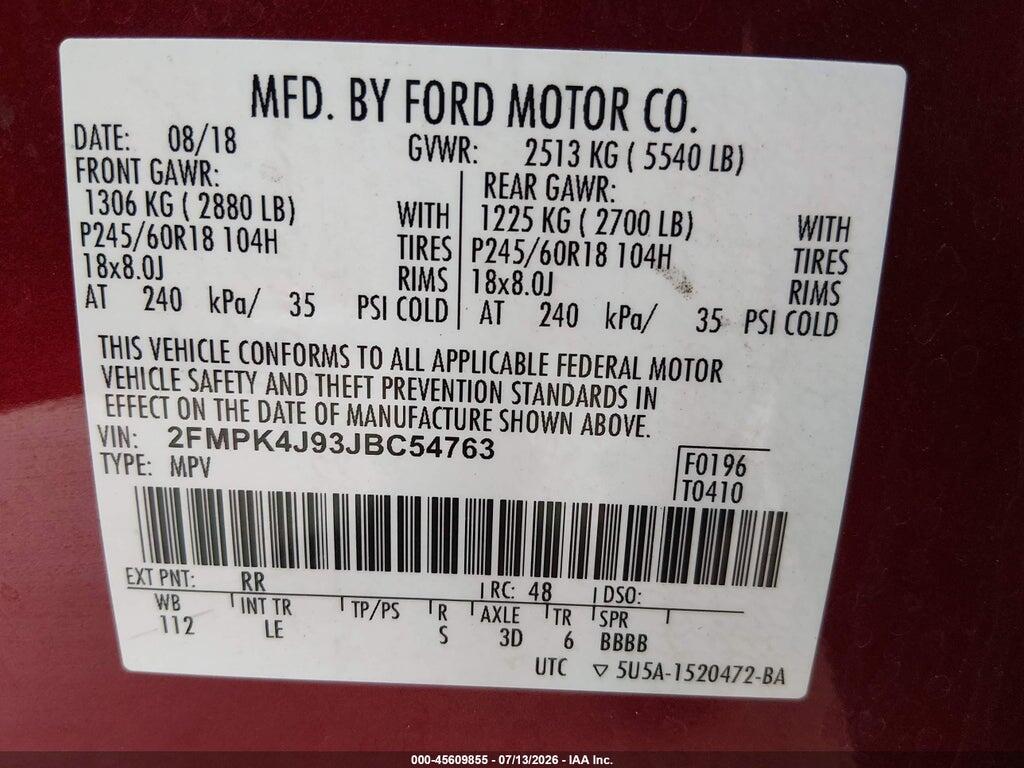 2FMPK4J93JBC54763 2018 FORD EDGE photo no. 9