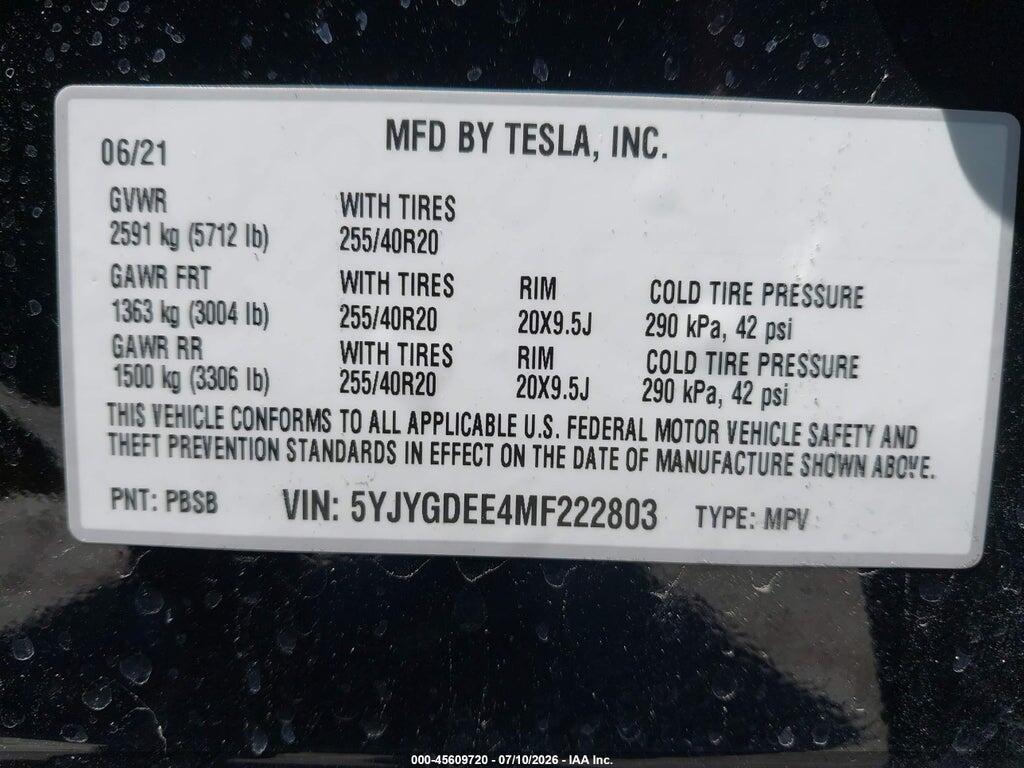 5YJYGDEE4MF222803 2021 TESLA MODEL Y photo no. 9