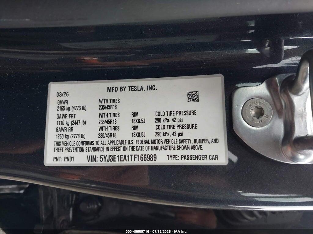 5YJ3E1EA1TF166989 2026 TESLA MODEL 3 photo no. 9