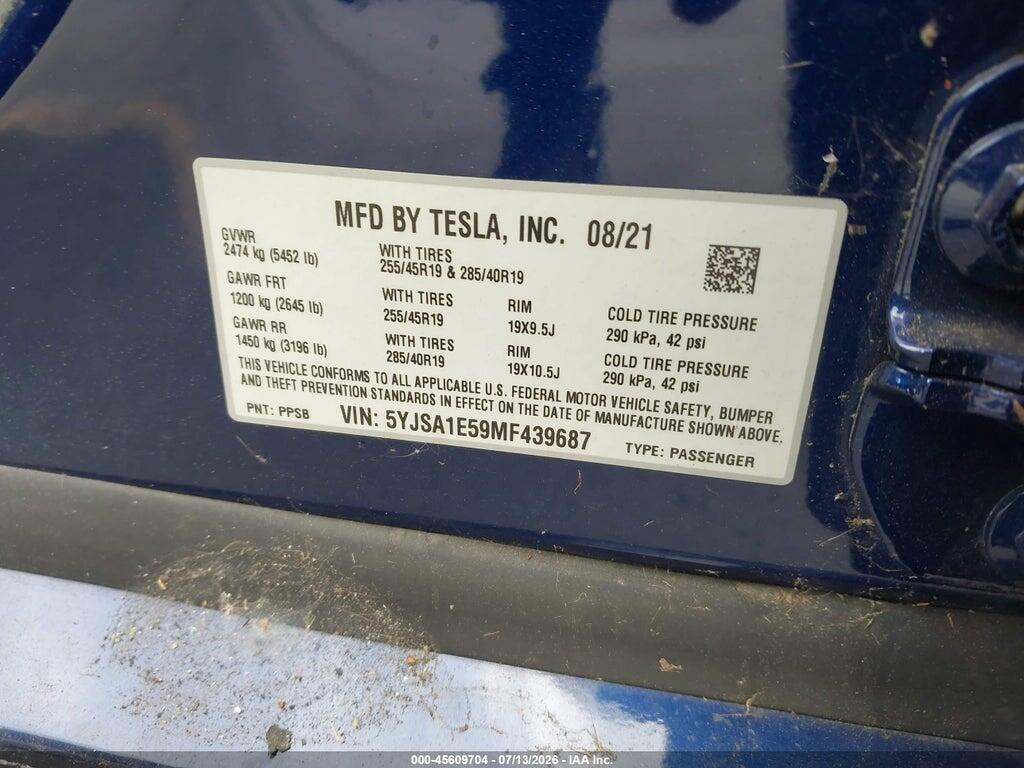 5YJSA1E59MF439687 2021 TESLA MODEL S photo no. 9