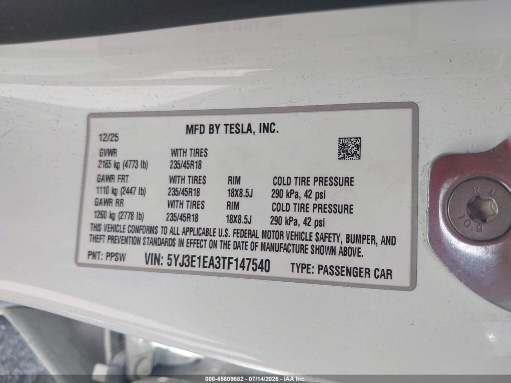 5YJ3E1EA3TF147540 2026 TESLA MODEL 3 photo no. 9