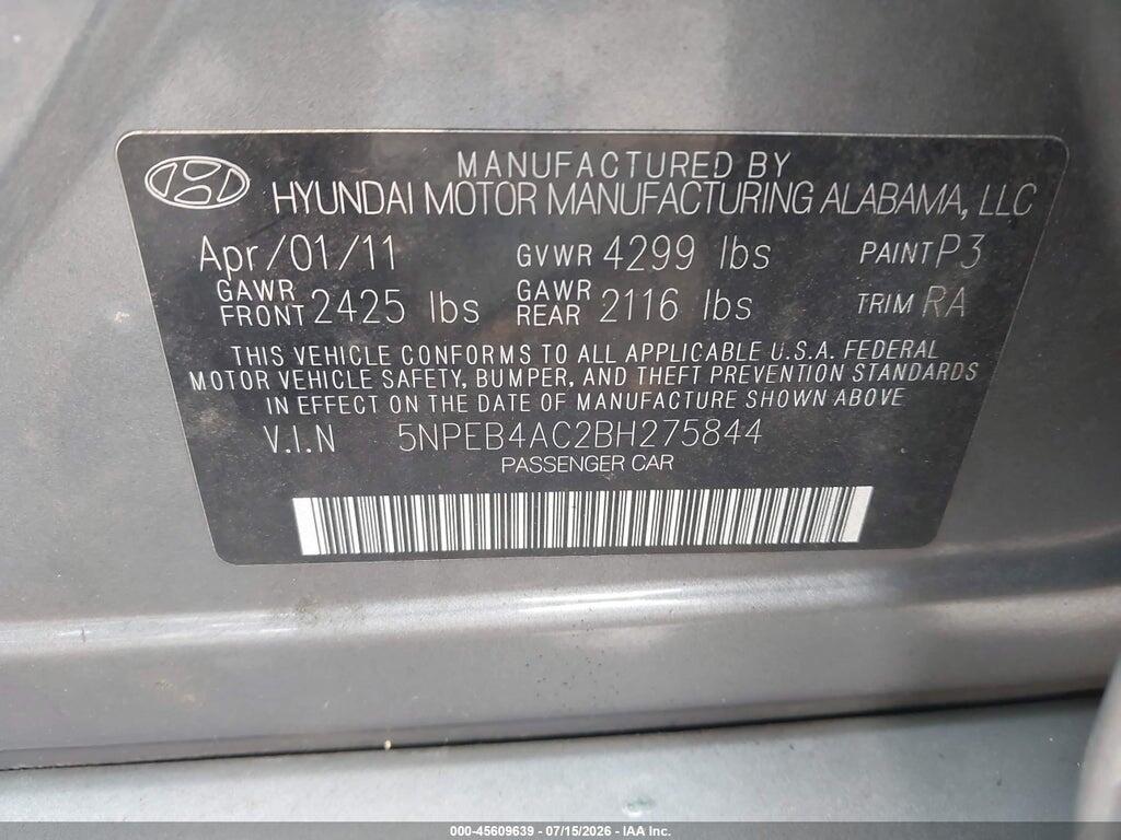 5NPEB4AC2BH275844 2011 HYUNDAI SONATA photo no. 9