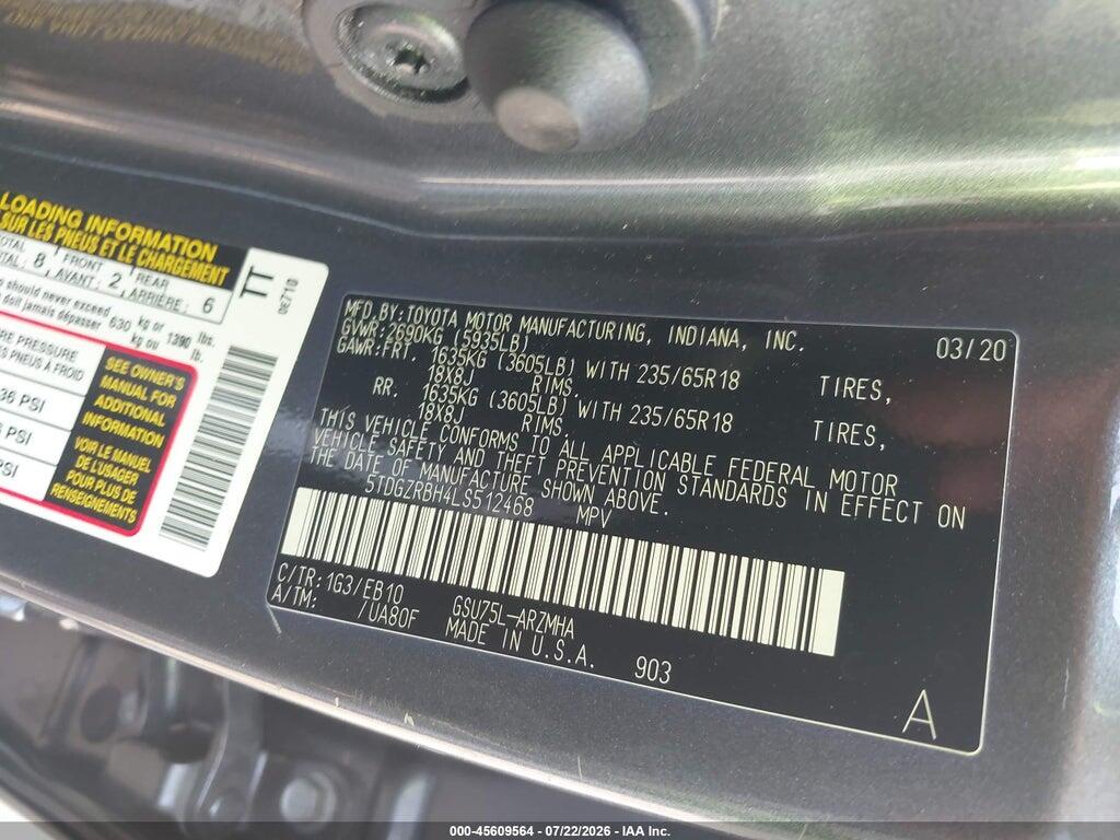 5TDGZRBH4LS512468 2020 TOYOTA HIGHLANDER photo no. 9