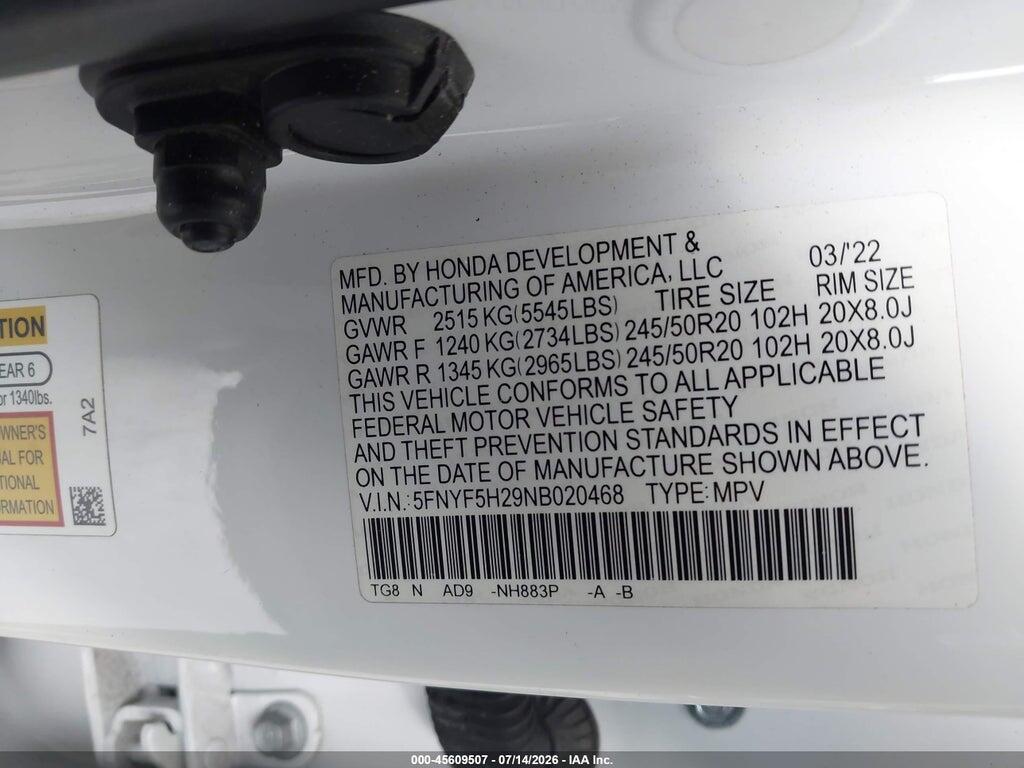5FNYF5H29NB020468 2022 HONDA PILOT photo no. 9