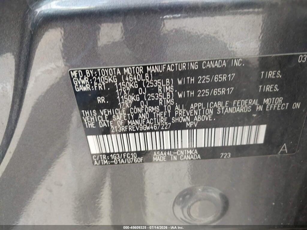 2T3RFREV9GW467227 2016 TOYOTA RAV4 photo no. 9