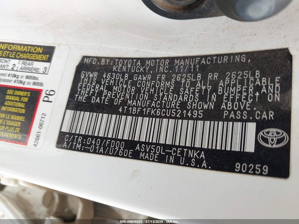 4T1BF1FK6CU521495 2012 TOYOTA CAMRY photo no. 9