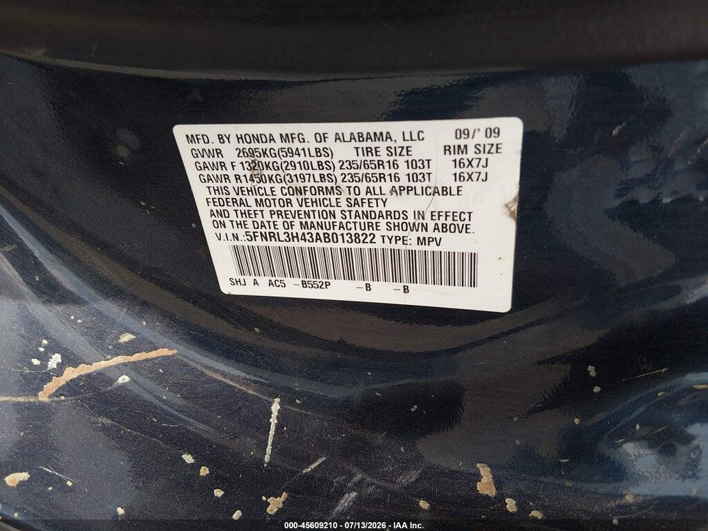 5FNRL3H43AB013822 2010 HONDA ODYSSEY photo no. 9