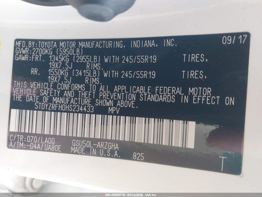 5TDYZRFH0HS234433 2017 TOYOTA HIGHLANDER photo no. 9