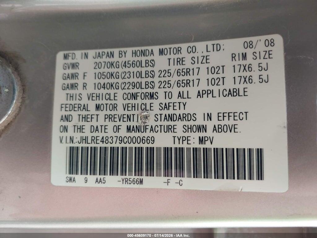 JHLRE48379C000669 2009 HONDA CR-V photo no. 9