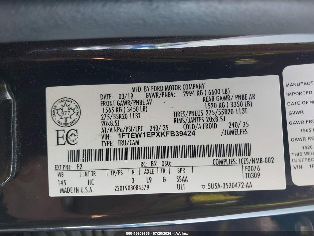1FTEW1EPXKFB39424 2019 FORD F-150 photo no. 9