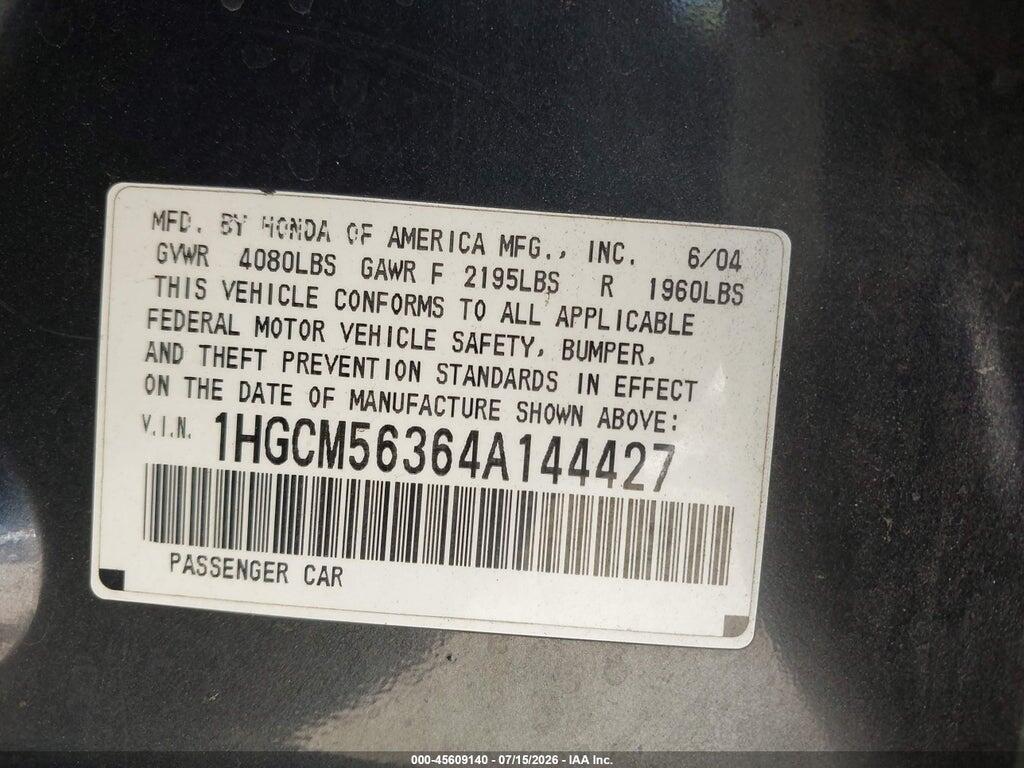 1HGCM56364A144427 2004 HONDA ACCORD photo no. 9