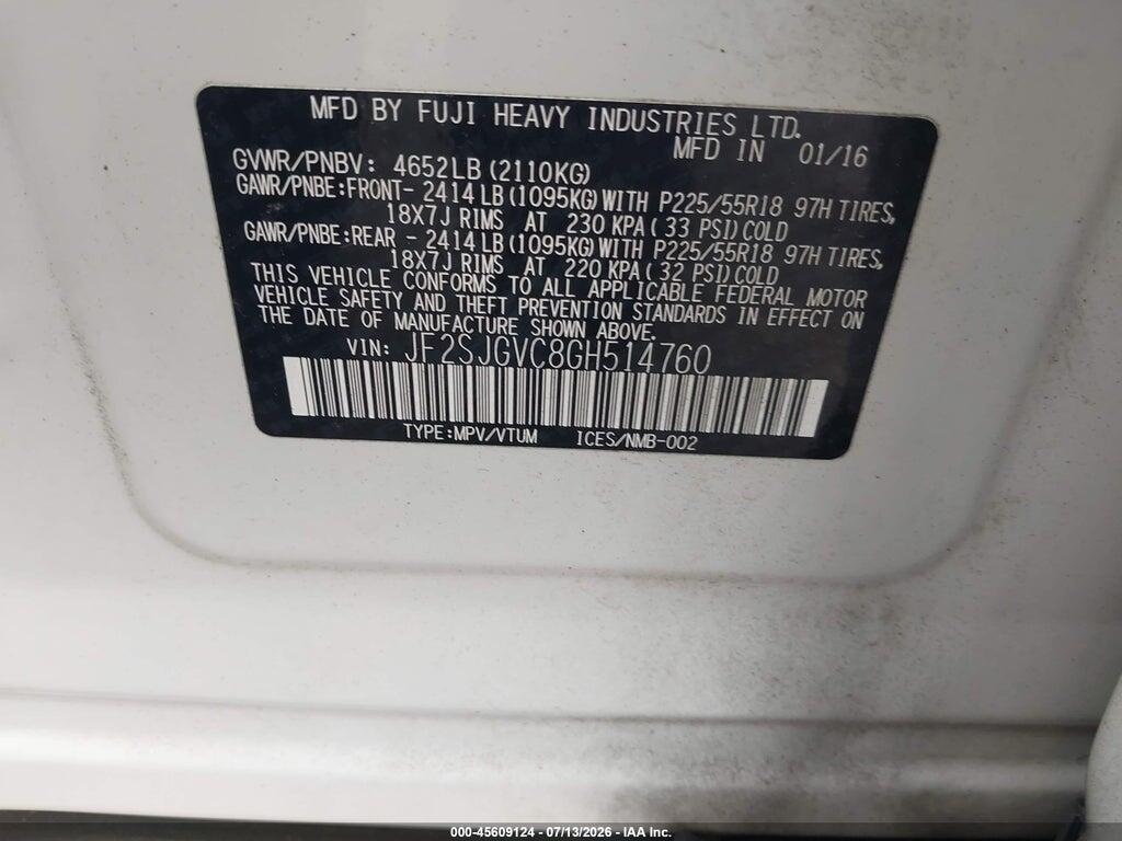 JF2SJGVC8GH514760 2016 SUBARU FORESTER photo no. 9