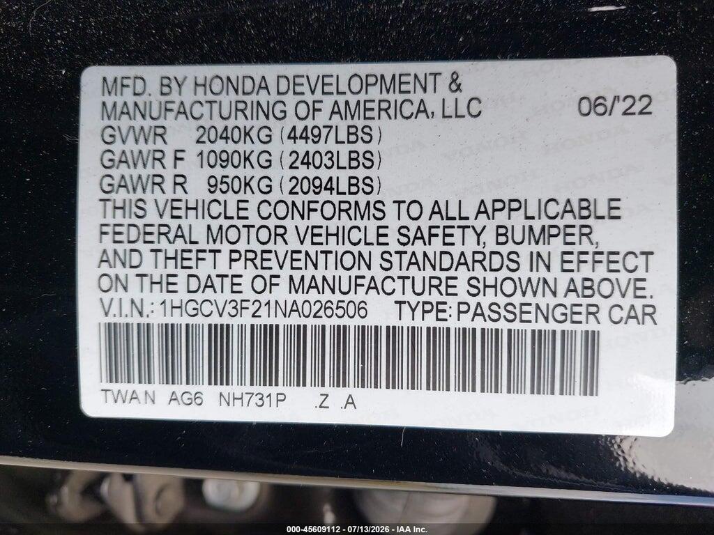 1HGCV3F21NA026506 2022 HONDA ACCORD HYBRID photo no. 9