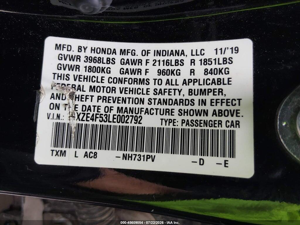 19XZE4F53LE002792 2020 HONDA INSIGHT photo no. 9
