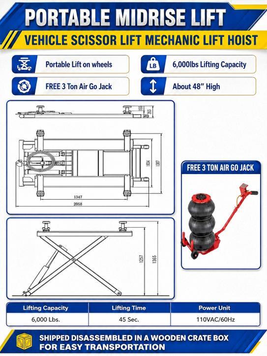 2026 PORTABLE SCISSOR CAR LIFT MID RISE MECHANIC LIFT — Фото 10 из 10