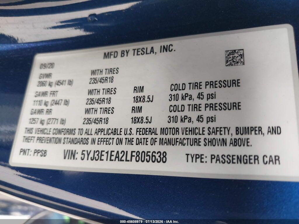 5YJ3E1EA2LF805638 2020 TESLA MODEL 3 photo no. 9