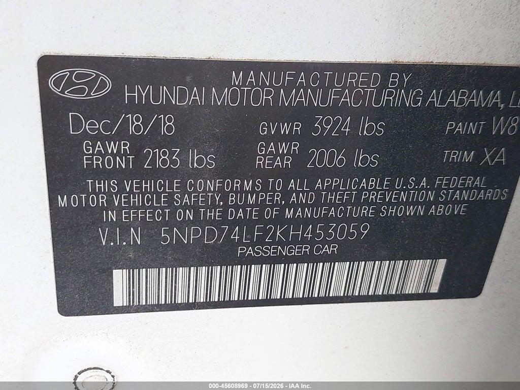 5NPD74LF2KH453059 2019 HYUNDAI ELANTRA photo no. 9