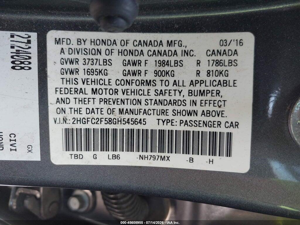 2HGFC2F58GH545645 2016 HONDA CIVIC photo no. 9