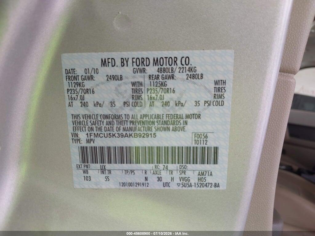 1FMCU5K39AKB92915 2010 FORD ESCAPE HYBRID photo no. 9