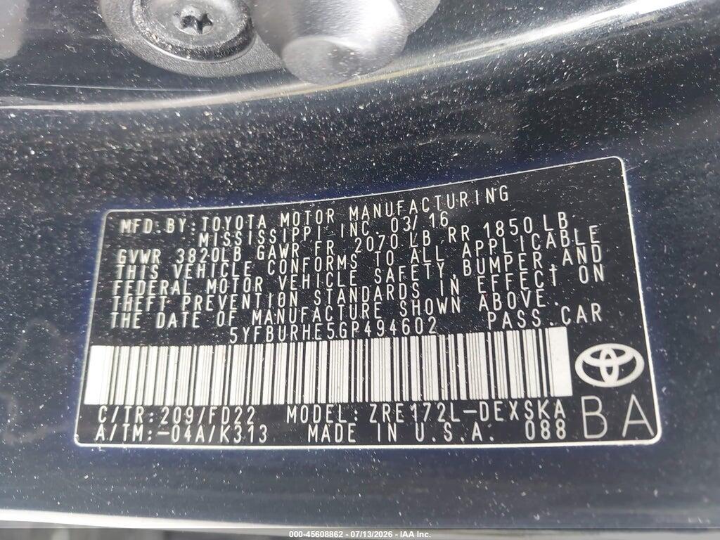 5YFBURHE5GP494602 2016 TOYOTA COROLLA photo no. 9