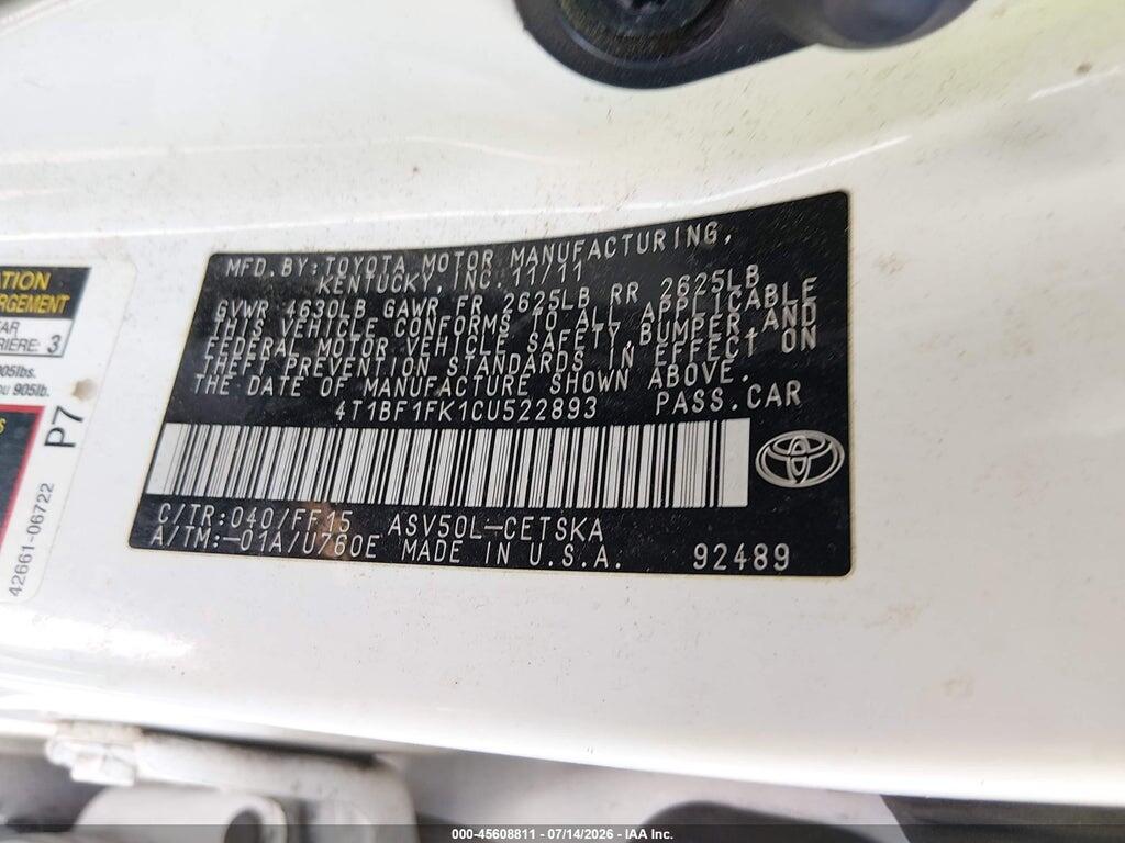 4T1BF1FK1CU522893 2012 TOYOTA CAMRY photo no. 9