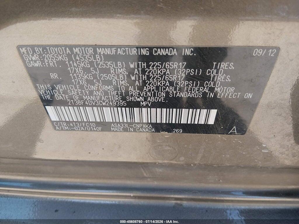 2T3BF4DV3CW249395 2012 TOYOTA RAV4 photo no. 9