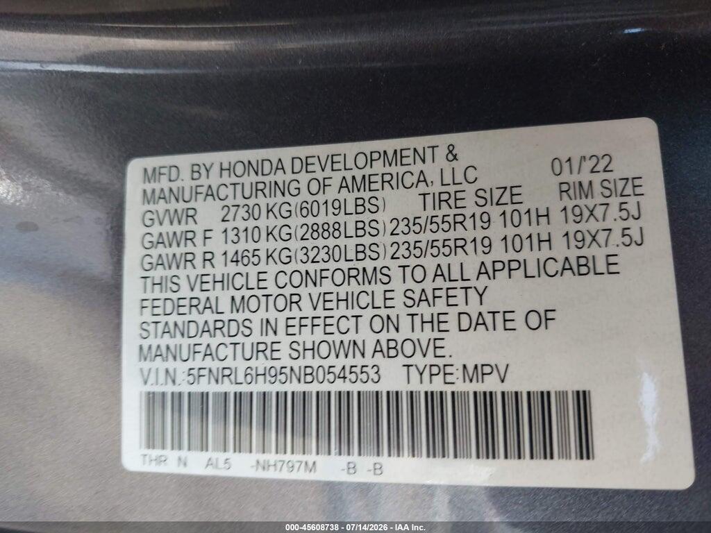 5FNRL6H95NB054553 2022 HONDA ODYSSEY photo no. 9
