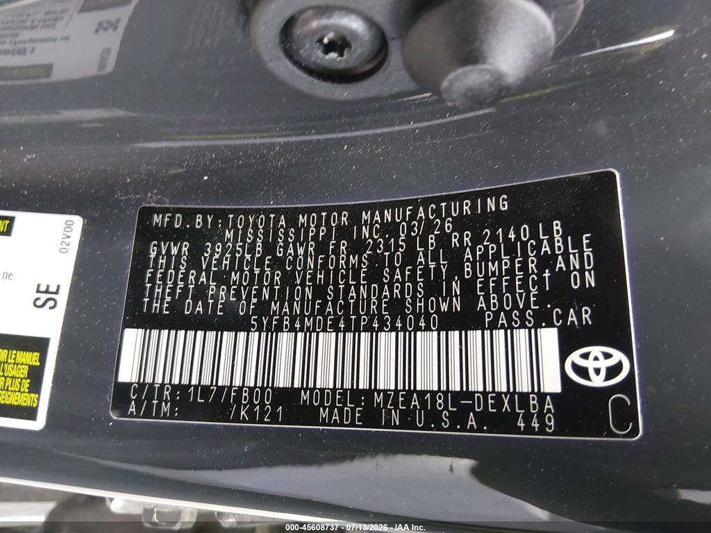 5YFB4MDE4TP434040 2026 TOYOTA COROLLA photo no. 9