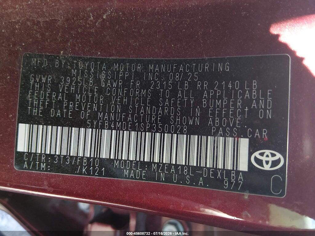 5YFB4MDE1SP350028 2025 TOYOTA COROLLA photo no. 9