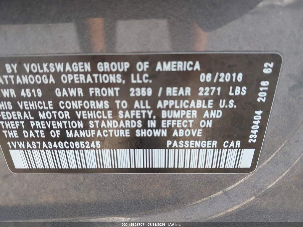 1VWAS7A34GC065245 2016 VOLKSWAGEN PASSAT photo no. 9