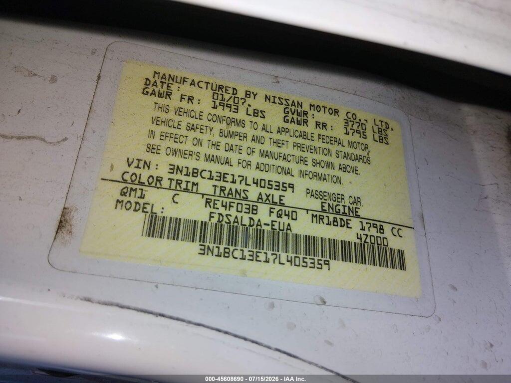 3N1BC13E17L405359 2007 NISSAN VERSA photo no. 9
