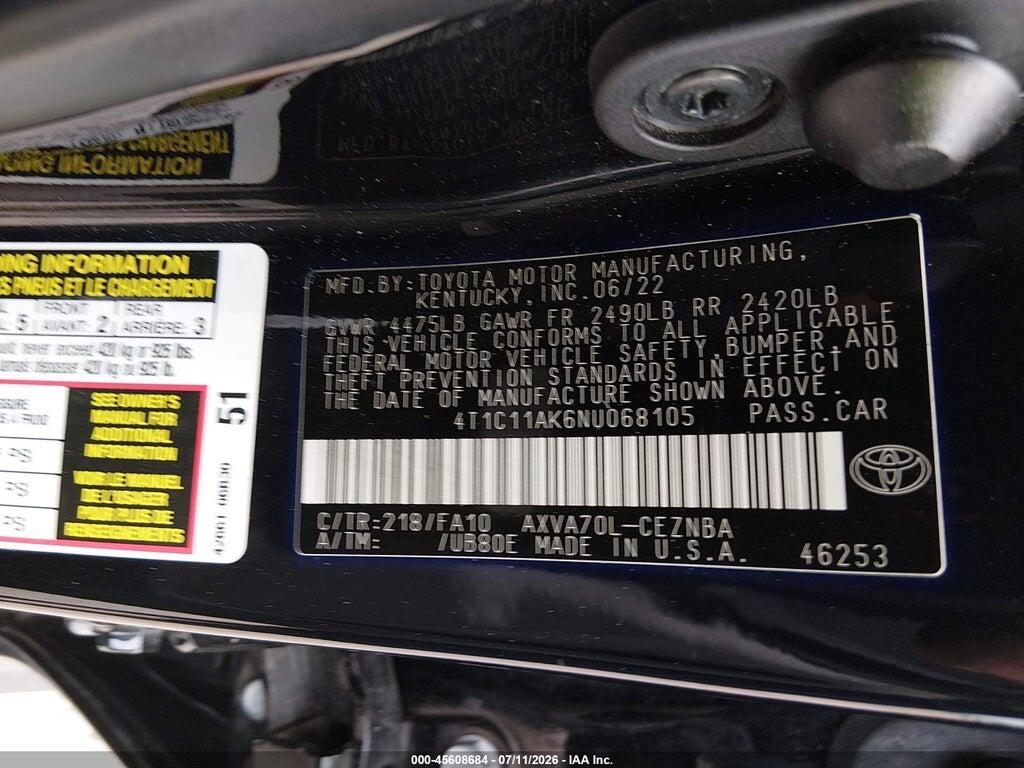 4T1C11AK6NU068105 2022 TOYOTA CAMRY photo no. 9