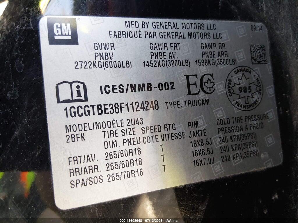 1GCGTBE38F1124248 2015 CHEVROLET COLORADO photo no. 9