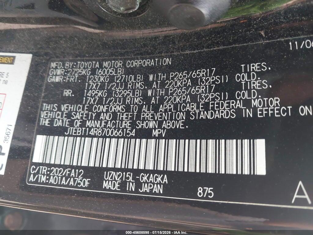 JTEBT14R870066154 2007 TOYOTA 4RUNNER photo no. 8