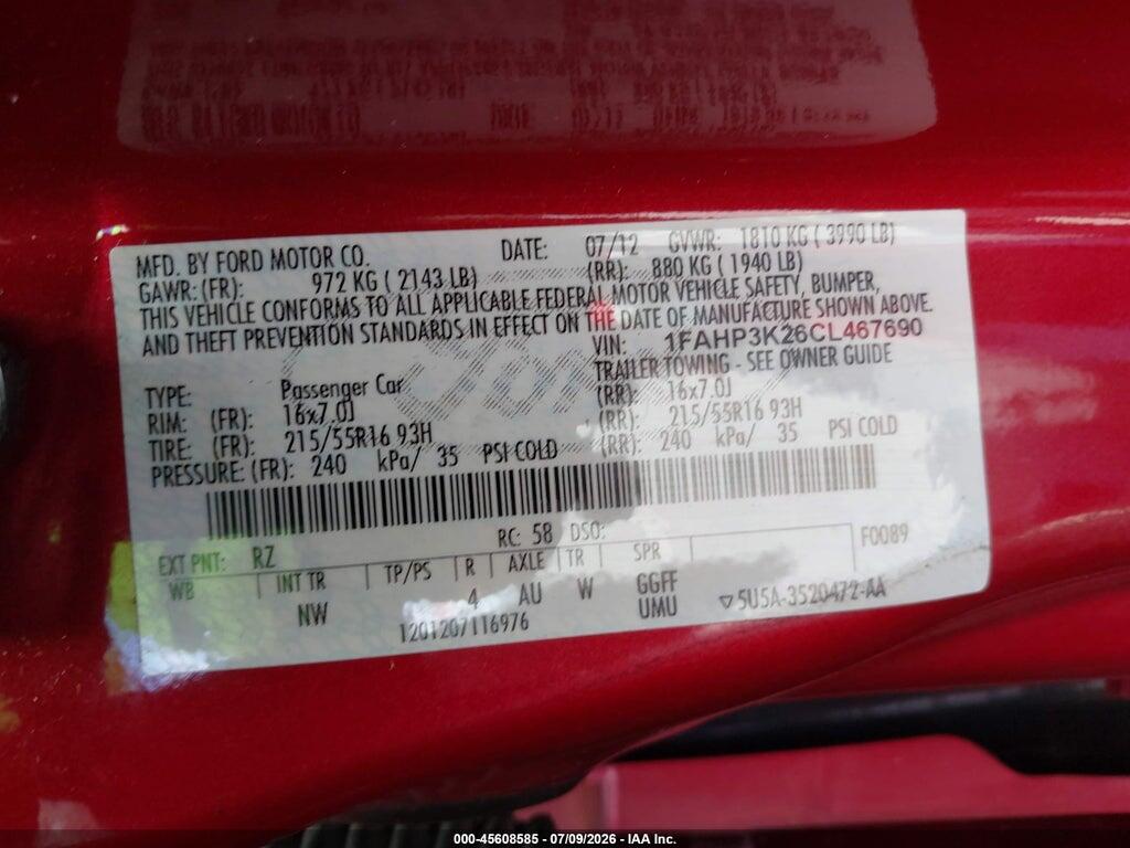 1FAHP3K26CL467690 2012 FORD FOCUS photo no. 9