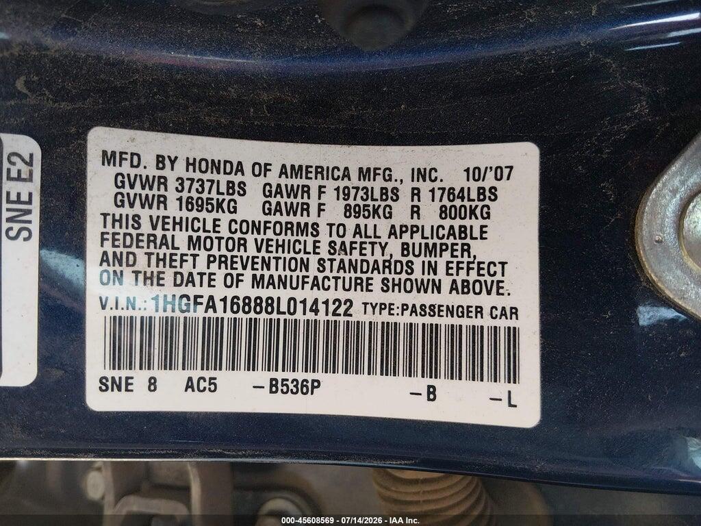 1HGFA16888L014122 2008 HONDA CIVIC photo no. 9