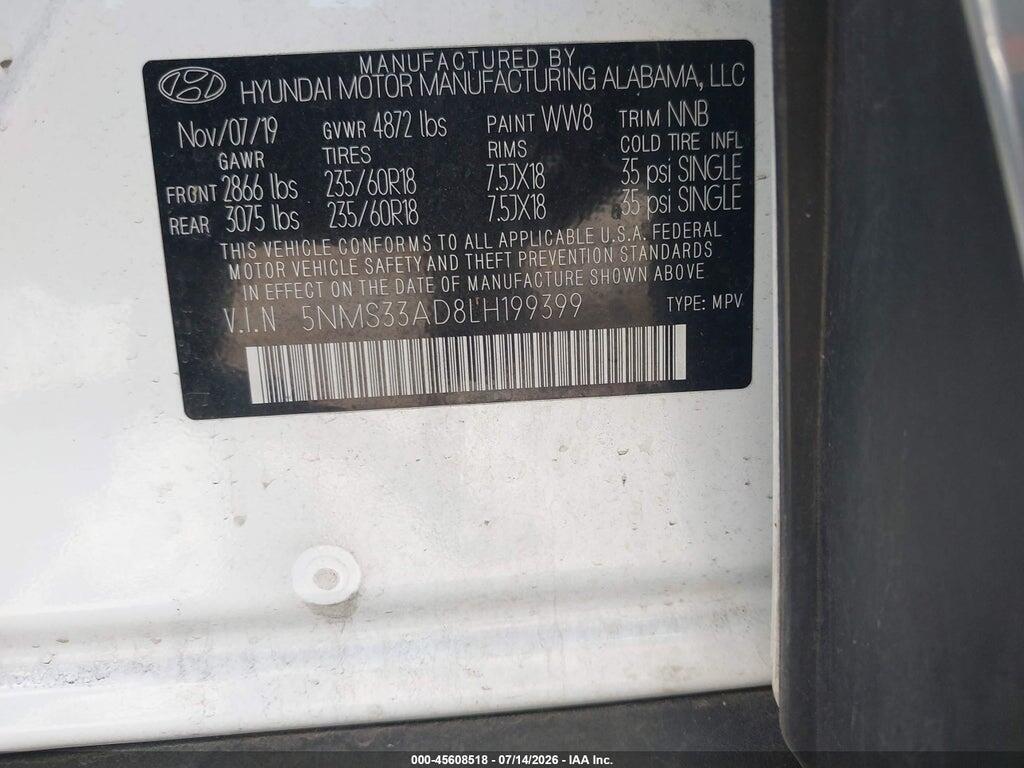5NMS33AD8LH199399 2020 HYUNDAI SANTA FE photo no. 9
