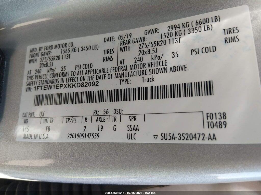1FTEW1EPXKKD82092 2019 FORD F-150 photo no. 9
