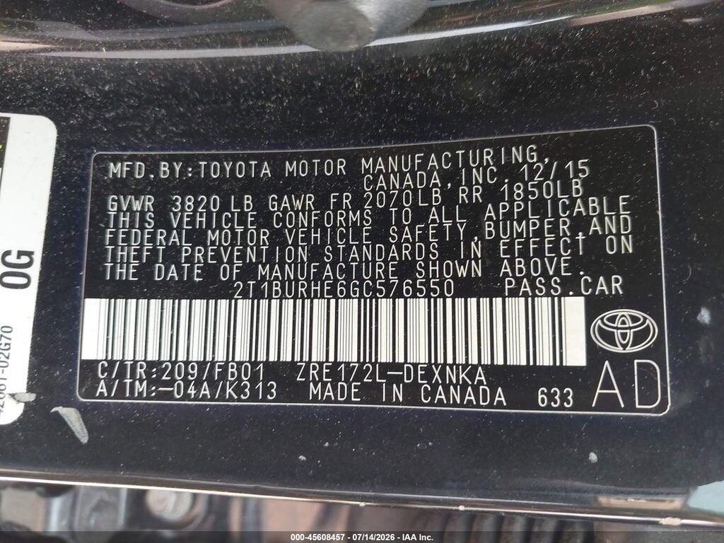 2T1BURHE6GC576550 2016 TOYOTA COROLLA photo no. 9